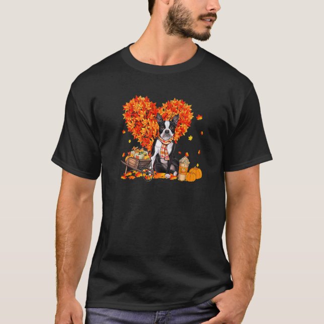 Boston Terrier Autumn Tree Fall Leaves Pumpkin Dog T-Shirt (Front)