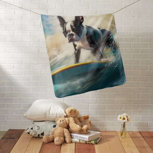 Boston Terrier Beach Surfing Painting  Baby Blanket (In Situ)