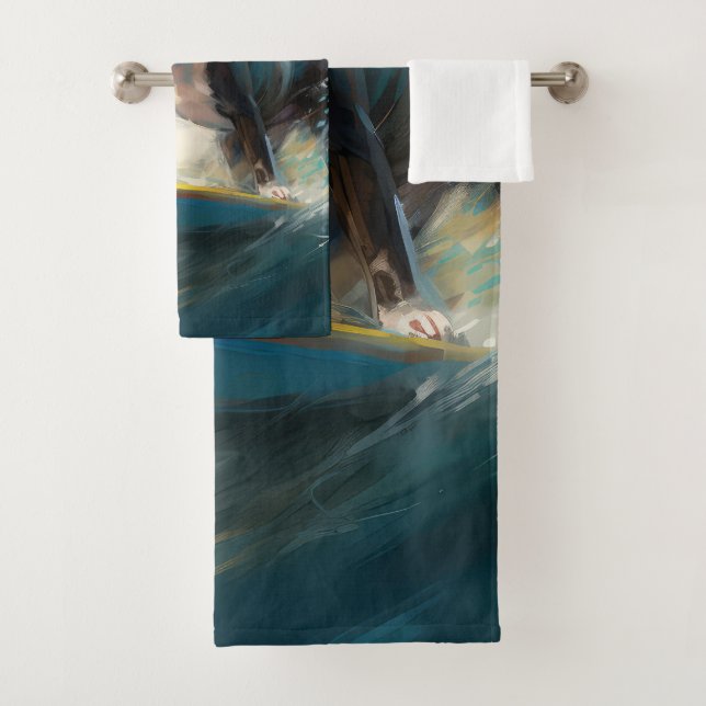 Boston Terrier Beach Surfing Painting  Bath Towel Set (Insitu)