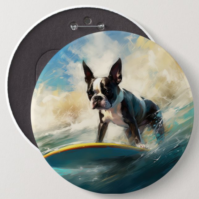 Boston Terrier Beach Surfing Painting  Button (Front & Back)