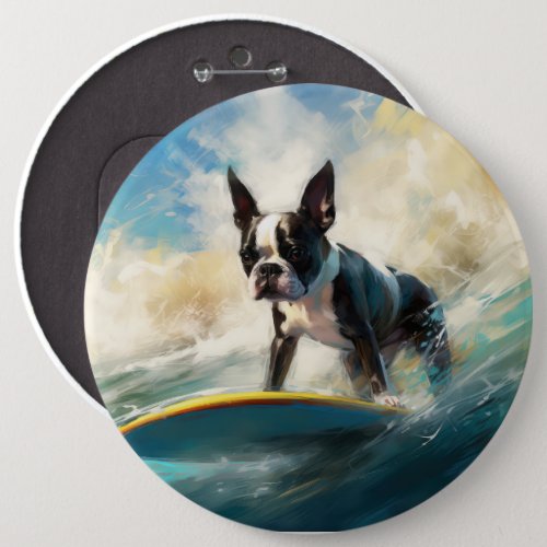 Boston Terrier Beach Surfing Painting  Button