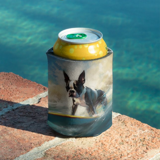 Boston Terrier Beach Surfing Painting  Can Cooler (In Situ Pool)