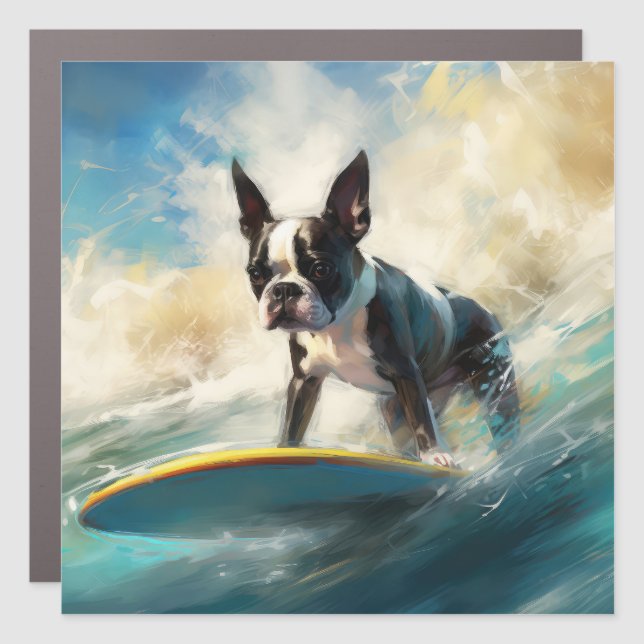 Boston Terrier Beach Surfing Painting  Car Magnet (Front)