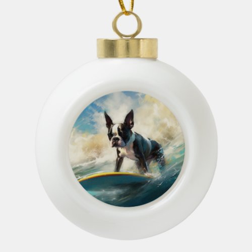 Boston Terrier Beach Surfing Painting  Ceramic Ball Christmas Ornament