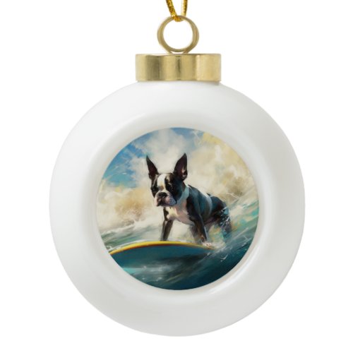 Boston Terrier Beach Surfing Painting  Ceramic Ball Christmas Ornament