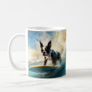 Boston Terrier Beach Surfing Painting  Coffee Mug
