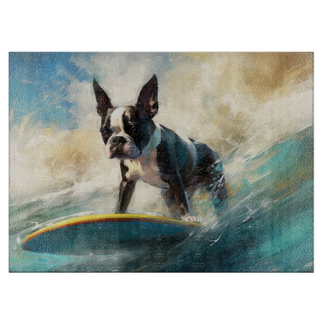 Boston Terrier Beach Surfing Painting  Cutting Board (Front)