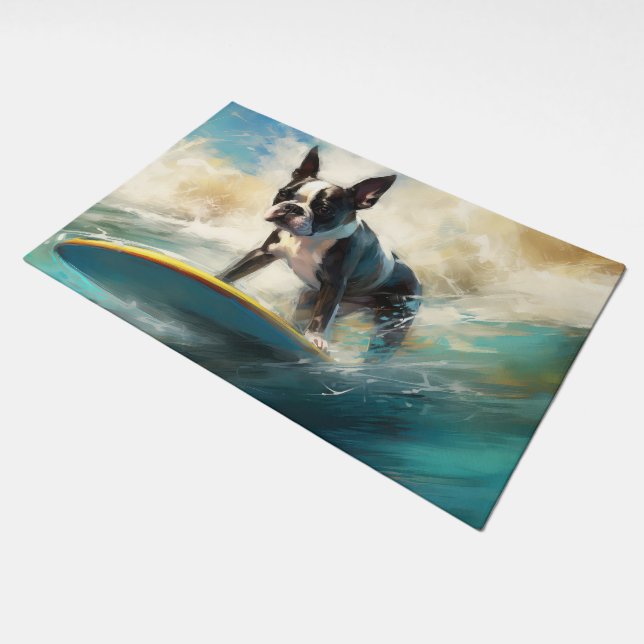 Boston Terrier Beach Surfing Painting  Doormat (Angled)
