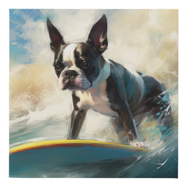 Boston Terrier Beach Surfing Painting  Faux Canvas Print (Front)