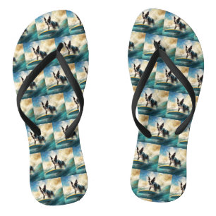 Boston Terrier Beach Surfing Painting Flip Flops
