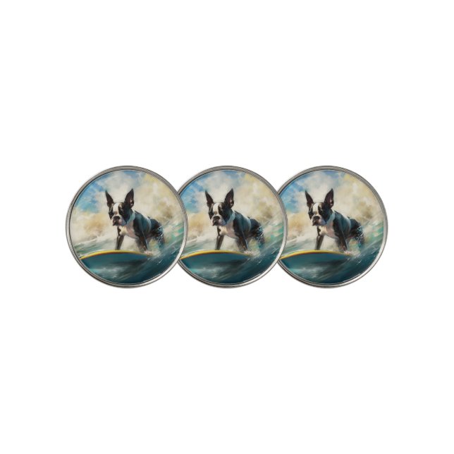 Boston Terrier Beach Surfing Painting  Golf Ball Marker (3 Up)