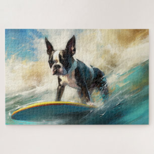 Boston Terrier Beach Surfing Painting Jigsaw Puzzle