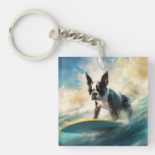 Boston Terrier Beach Surfing Painting Keychain