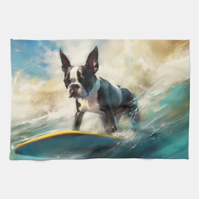 Boston Terrier Beach Surfing Painting  Kitchen Towel (Horizontal)