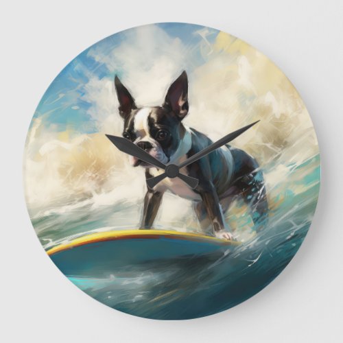 Boston Terrier Beach Surfing Painting  Large Clock