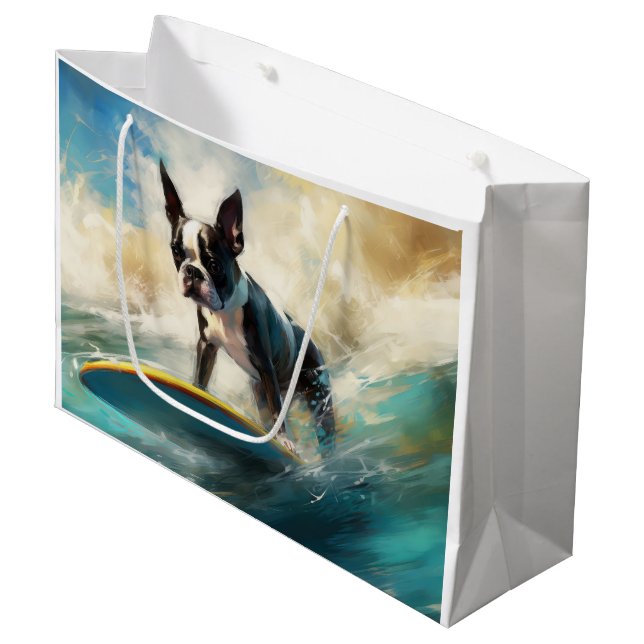 Boston Terrier Beach Surfing Painting  Large Gift Bag (Front Angled)