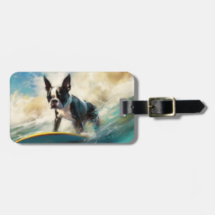 Boston Terrier Beach Surfing Painting Luggage Tag