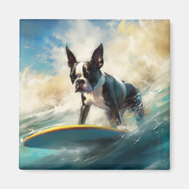 Boston Terrier Beach Surfing Painting  Magnet (Front)