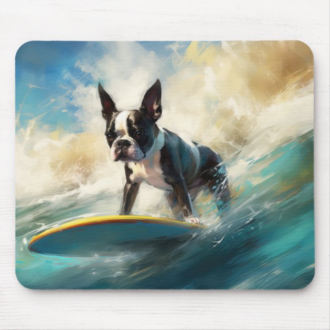 Boston Terrier Beach Surfing Painting  Mouse Pad (Front)