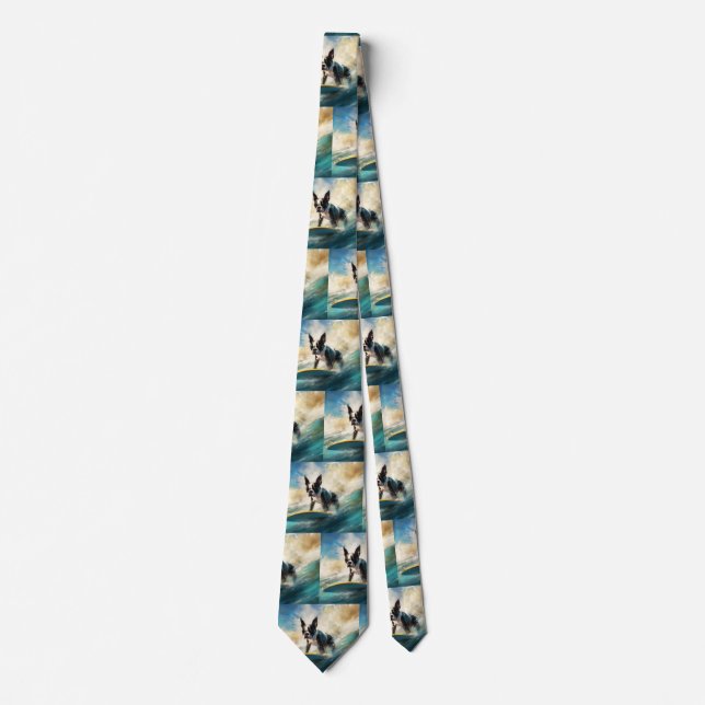 Boston Terrier Beach Surfing Painting  Neck Tie (Front)