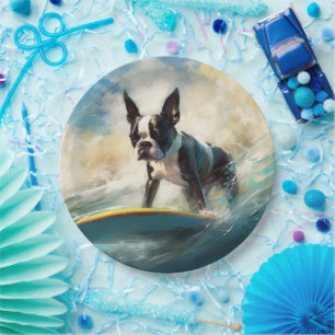 Boston Terrier Beach Surfing Painting Paper Plates