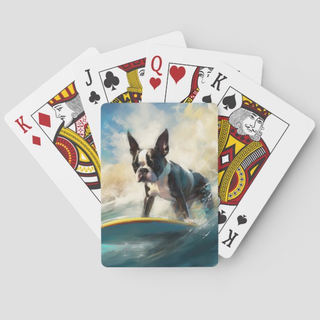 Boston Terrier Beach Surfing Painting  Poker Cards (Back)