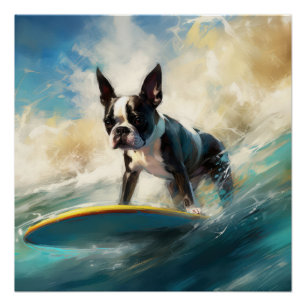 Boston Terrier Beach Surfing Painting Poster