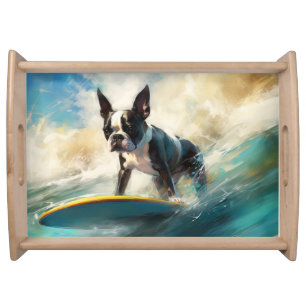 Boston Terrier Beach Surfing Painting Serving Tray