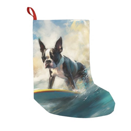 Boston Terrier Beach Surfing Painting  Small Christmas Stocking