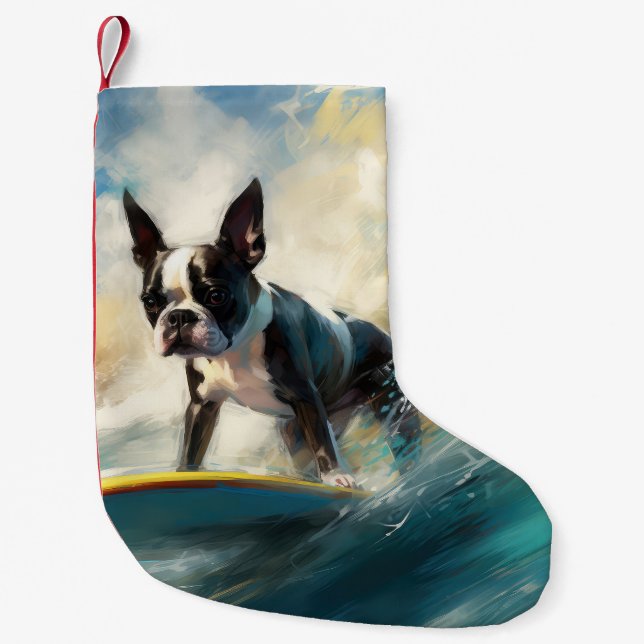 Boston Terrier Beach Surfing Painting  Small Christmas Stocking (Front)