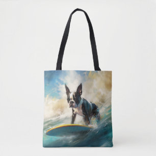 Boston Terrier Beach Surfing Painting Tote Bag