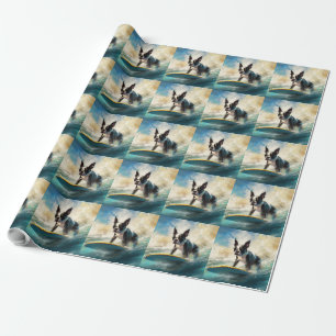 Boston Terrier Beach Surfing Painting Wrapping Paper