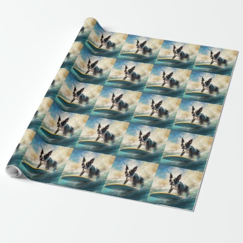 Boston Terrier Beach Surfing Painting  Wrapping Paper