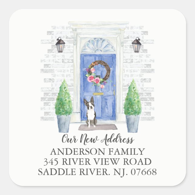 Boston Terrier Blue Door New Address Label Sticker (Front)