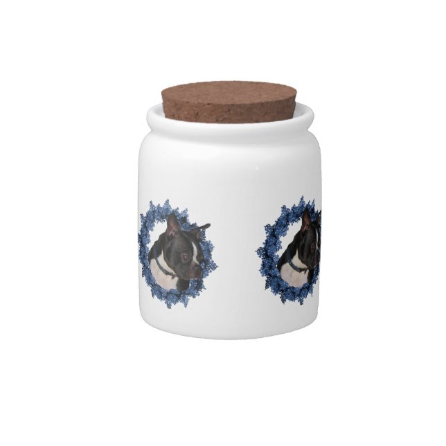 Boston Terrier Blue Floral Wreath Candy Jar (Front)