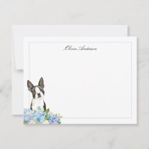 Boston Terrier Blue Hydrangea Personalized Note Card