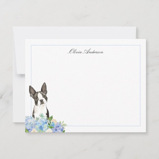 Boston Terrier Blue Hydrangea Personalized Note Card (Front)