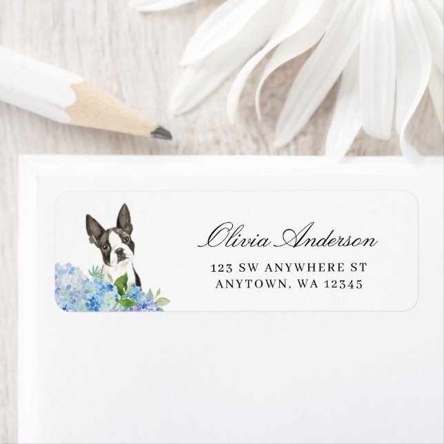 Boston Terrier Blue Hydrangea Return Address Label (Insitu)