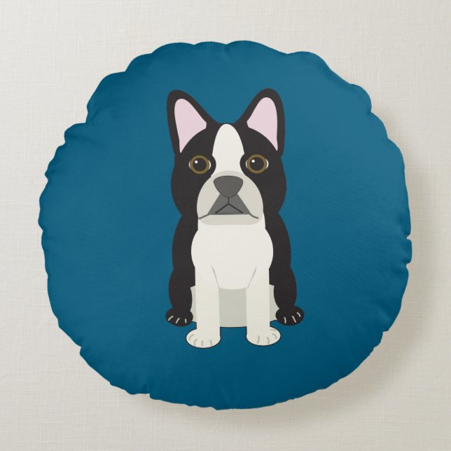 Boston Terrier blue Round Pillow (Front)
