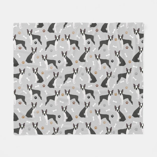 Boston Terrier Bones and Paws Fleece Blanket (Front (Horizontal))