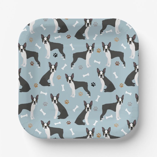 Boston Terrier Bones and Paws Paper Plates (Front)