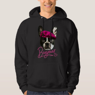 Boston Terrier Bonjour Pink Heart French Hoodie