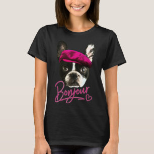 Boston Terrier Bonjour Pink Heart French T-Shirt