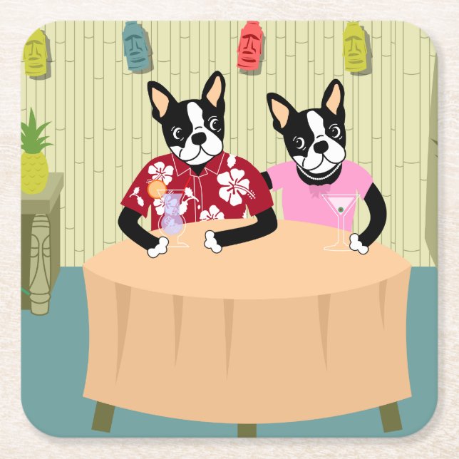 Boston Terrier Boy & Girl Square Paper Coaster (Front)