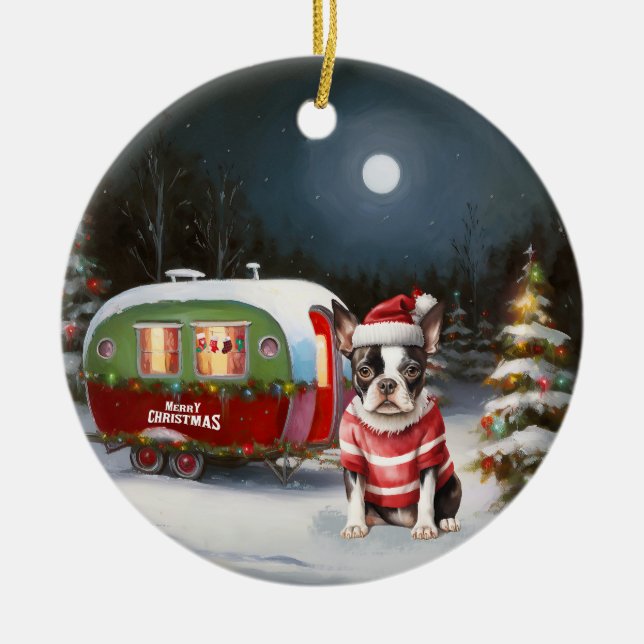Boston Terrier Caravan Christmas Adventure  Ceramic Ornament (Front)