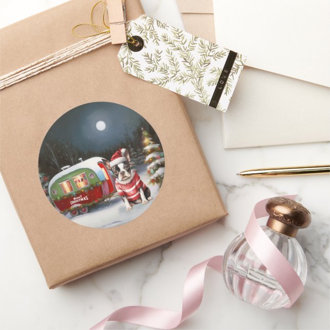 Boston Terrier Caravan Christmas Adventure  Classic Round Sticker (Gifting)