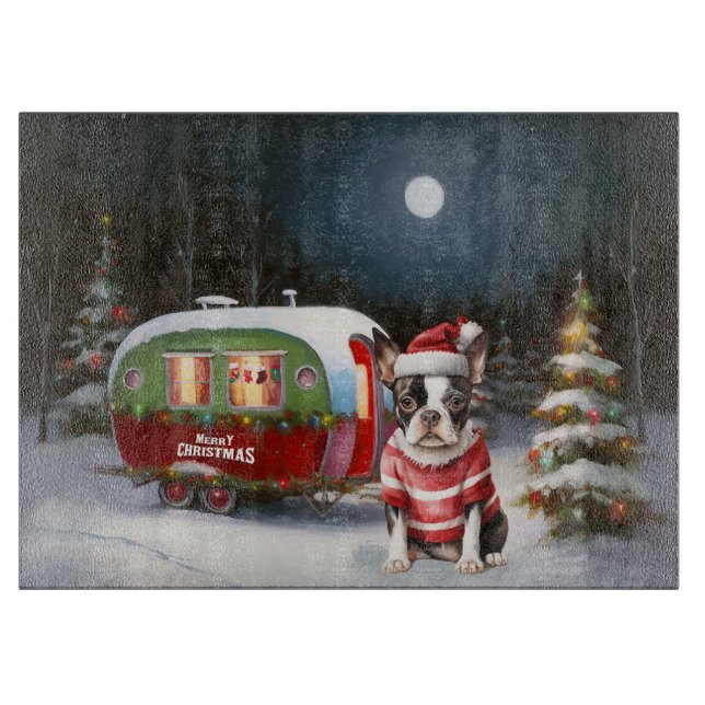 Boston Terrier Caravan Christmas Adventure  Cutting Board (Front)
