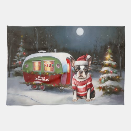 Boston Terrier Caravan Christmas Adventure  Kitchen Towel