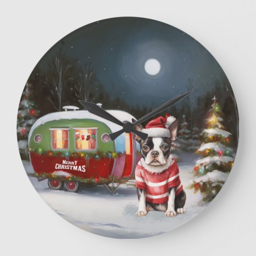 Boston Terrier Caravan Christmas Adventure  Large Clock