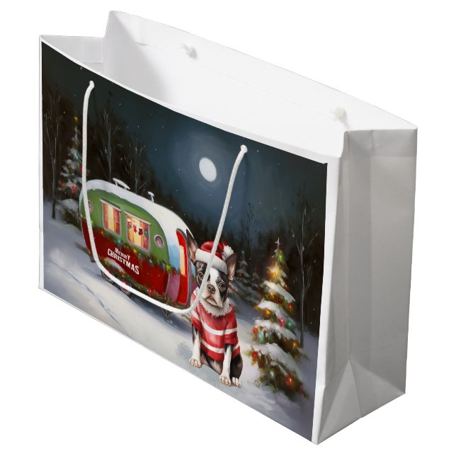 Boston Terrier Caravan Christmas Adventure  Large Gift Bag (Front Angled)